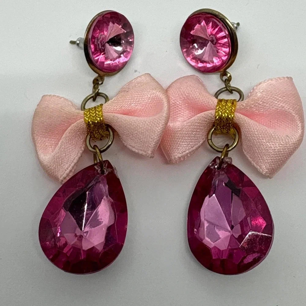 1980s Retro Pink Bow Drop Earrings with Faceted‎ Teardrop Gem Statement Jewelry